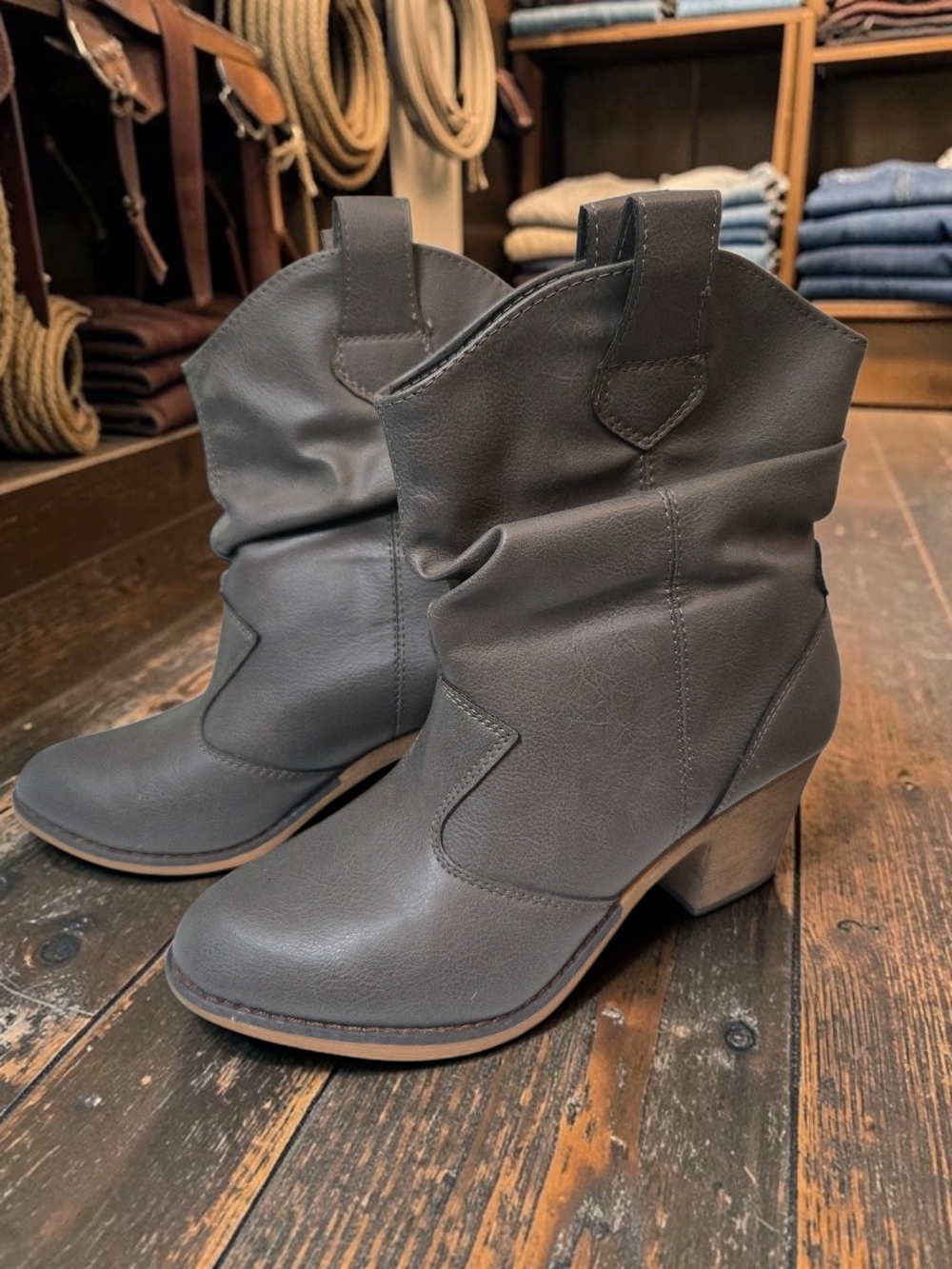 Classic Western-Style Mid-Calf Heel Boots in Charcoal